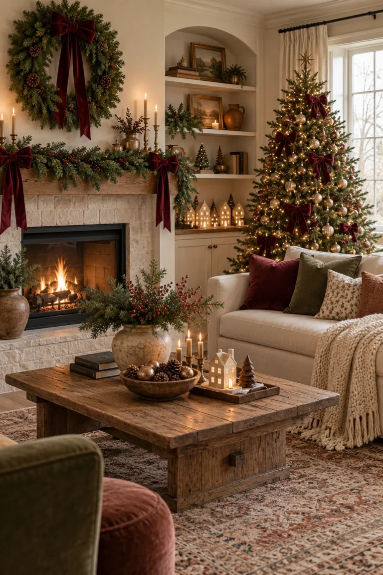 Cozy Christmas living room with evergreen garland, burgundy accents and a decorated tree